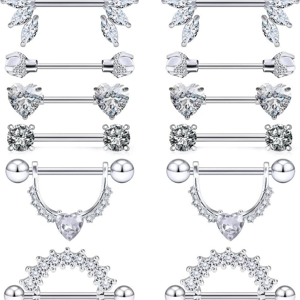 14G Surgical Steel Nipple Rings Set Women Men CZ Crystal Pearl Jewelry - Picture 1 of 3